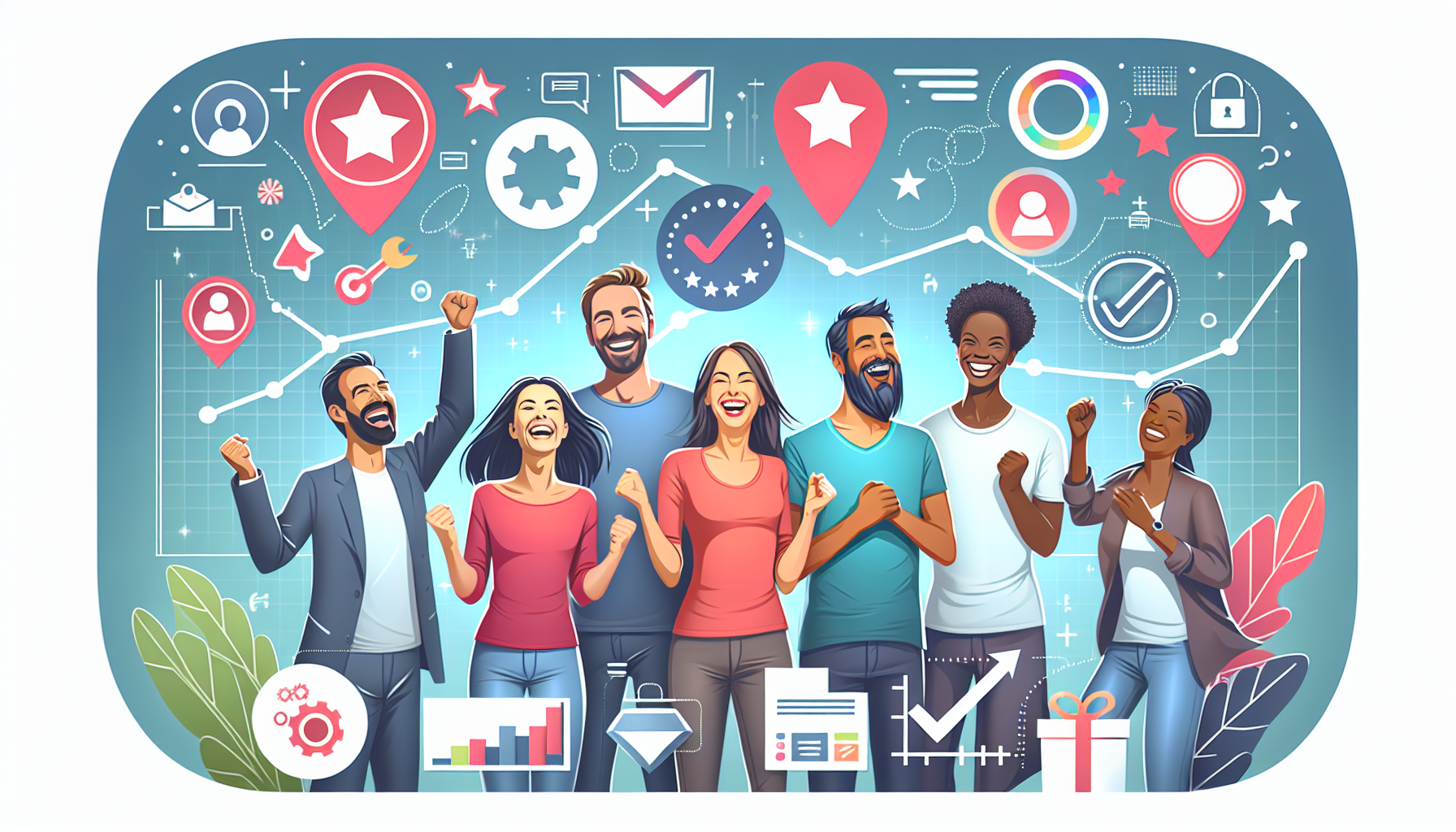 A diverse group of people stands together smiling and cheering in front of a graphical backdrop with icons representing success, teamwork, and achievement, highlighting their joy over the new customer engagement analytics platform.