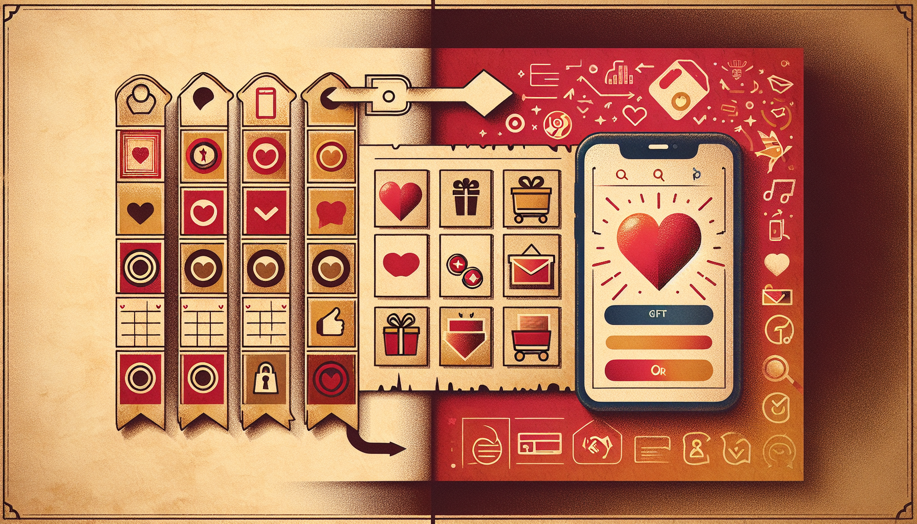 A split image showcases a vintage bookmark style on the left and a modern smartphone app interface with various icons, including hearts, a gift box, and shopping cart on the right, illustrating the evolution of dining loyalty programs into sophisticated digital customer loyalty systems.