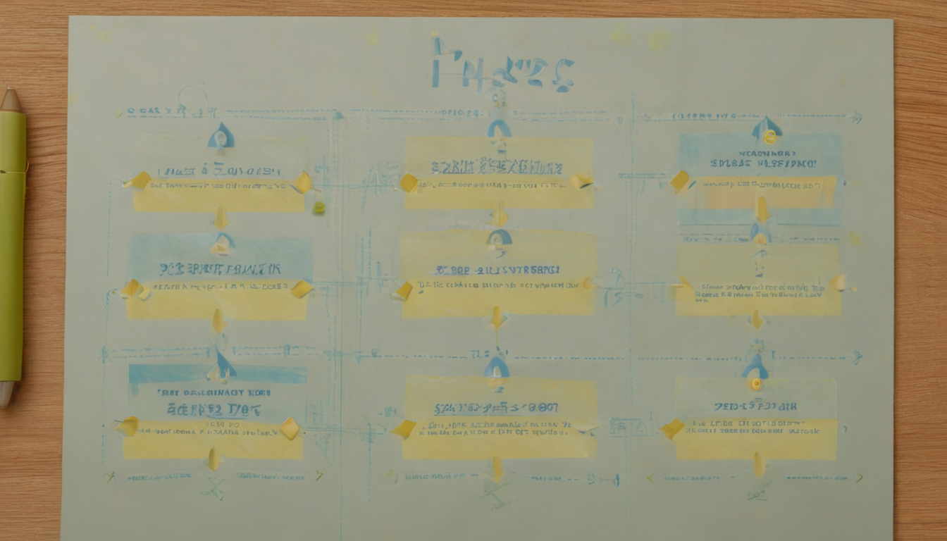 A paper with hand-drawn flowchart diagrams in blue pen, annotated with yellow sticky notes labeled "Customer Retention Strategies," is placed on a wooden surface next to a green pen. The headings on the chart are mostly in cursive script.