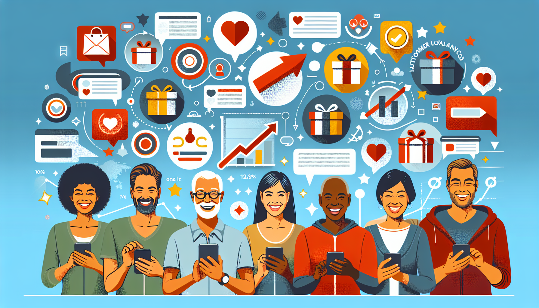 Seven diverse people are looking at their smartphones. Above them are social media icons like hearts, speech bubbles, graphs, and gift boxes on a blue background, representing online interaction and engagement through a loyalty management system.