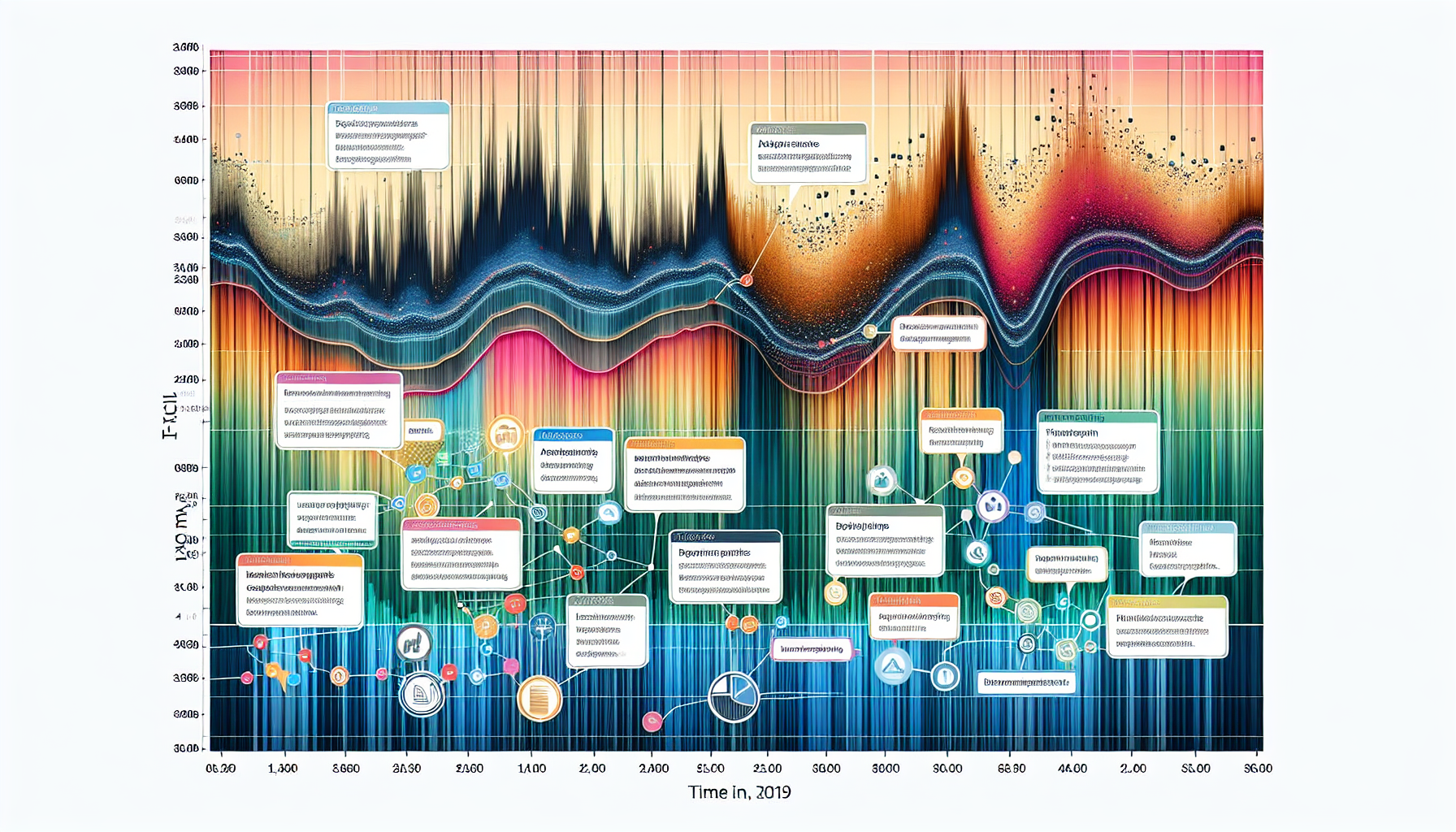 A visually detailed infographic depicts various scientific papers' connections over time, measured in citation counts, using colorful waveforms and interconnected nodes, with labels identifying key papers, while integrating customer retention strategies into the analysis.