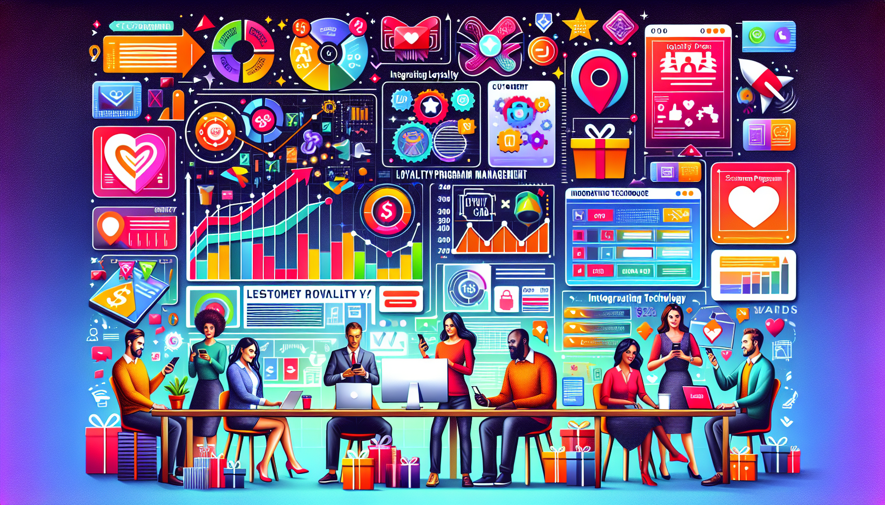 A group of diverse professionals sitting at a long table with laptops, surrounded by colorful charts, graphs, and icons depicting various business metrics and rewards software elements.