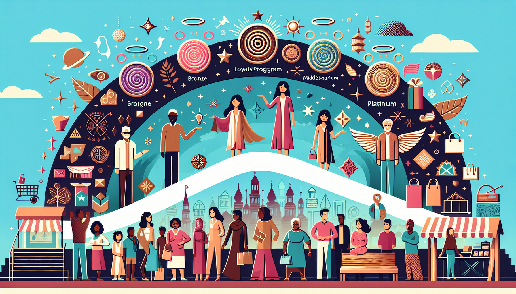 Illustration of a diverse group of people engaging in various activities under an arch labeled "Loyalty Program" with creative loyalty program names like Bronze, Silver, Gold, and Platinum, representing different membership levels.