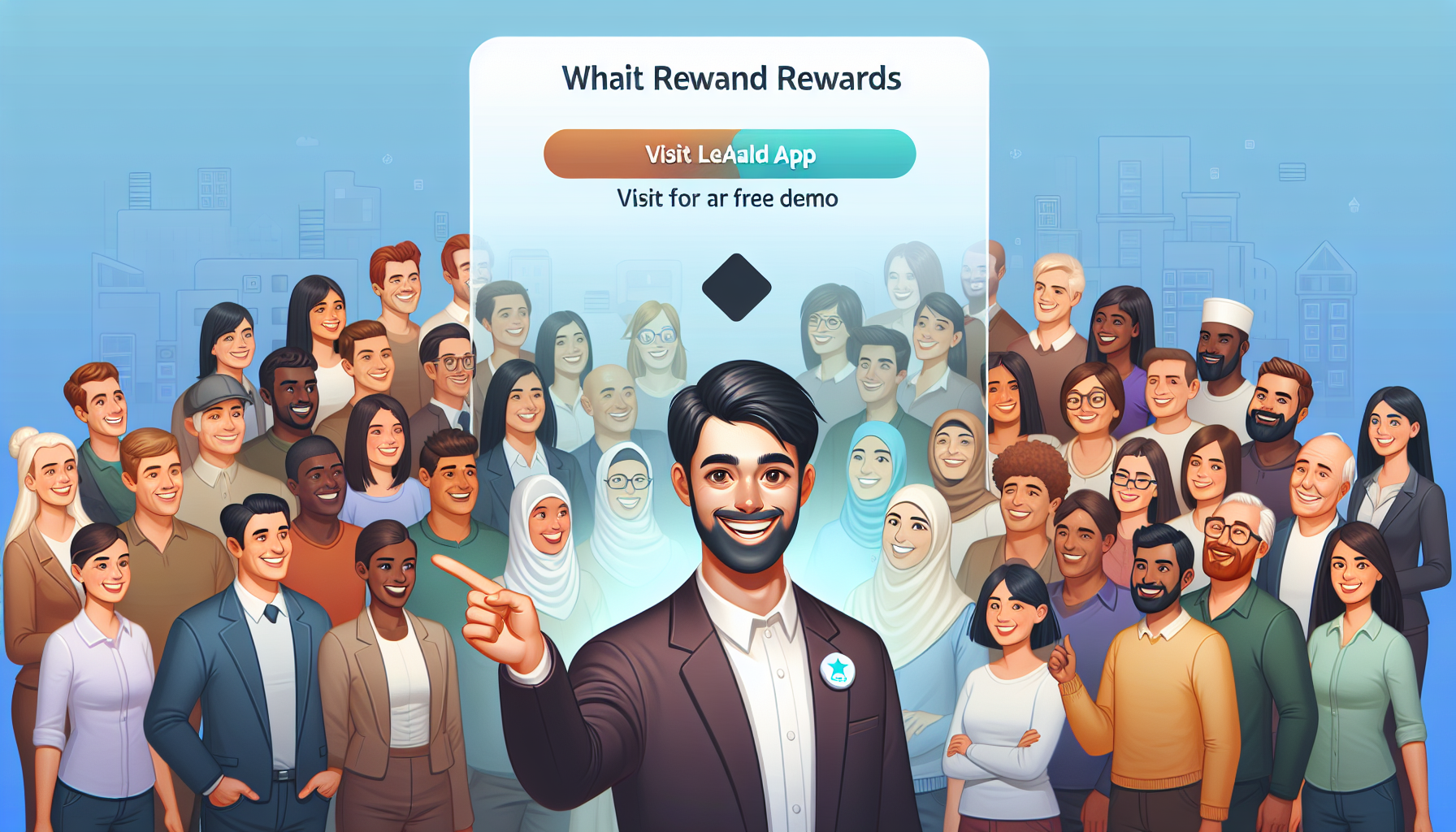 A diverse group of people smiling in front of a promotional panel for "Whaït Reward Rewards," encouraging visitors to check out the LeadApp's loyalty software for a free demo.