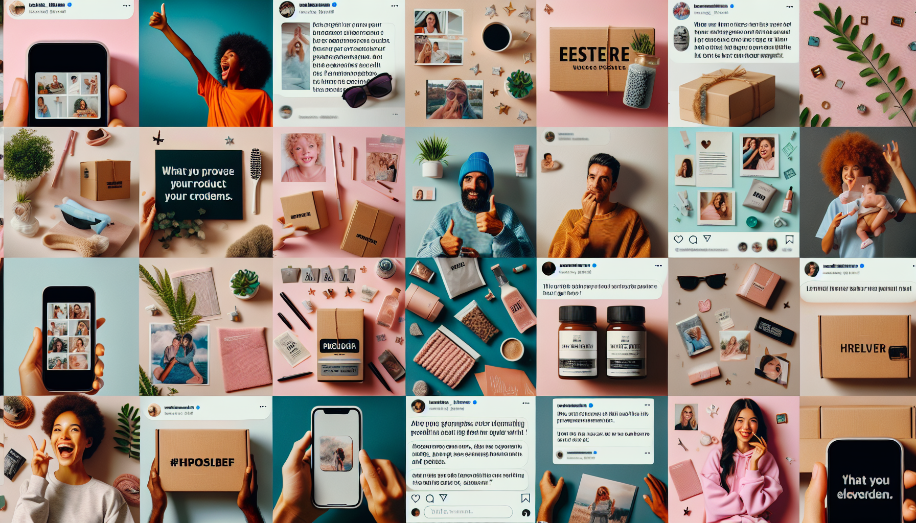 A collage featuring various product advertisements such as skincare, supplements, and tech gadgets with diverse models, social media posts, unboxing scenes, lifestyle items, and motivational quotes highlights brand advocacy techniques.