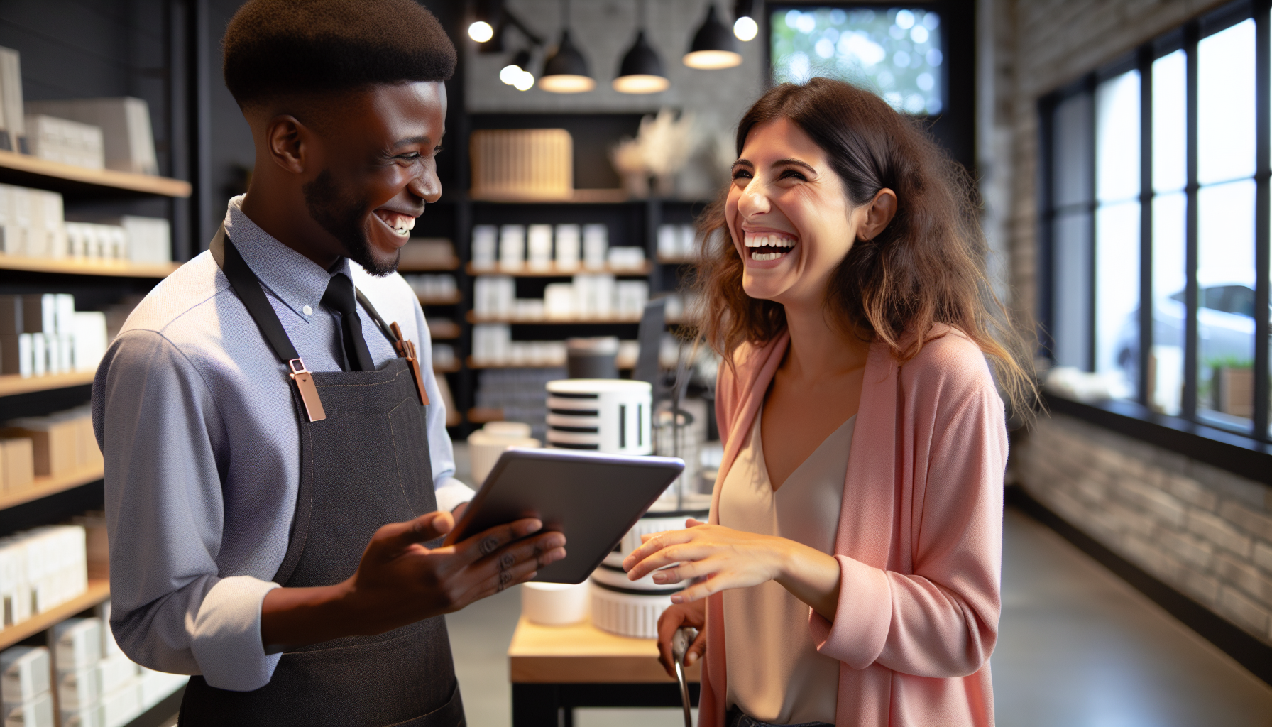 A shop employee holds a tablet while smiling and discussing personalized marketing strategies with a female customer in a modern store. Shelves with products are visible in the background.