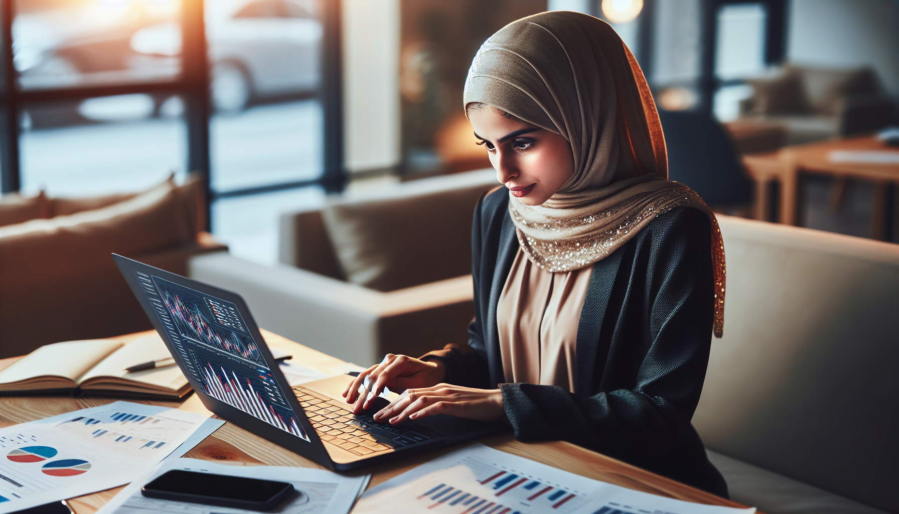 A woman wearing a hijab works on a laptop displaying financial charts, focused on enhancing customer loyalty. She is seated at a table with papers, graphs, and a smartphone in a modern, sunlit office or cafe, strategizing to improve her company's rewards program.