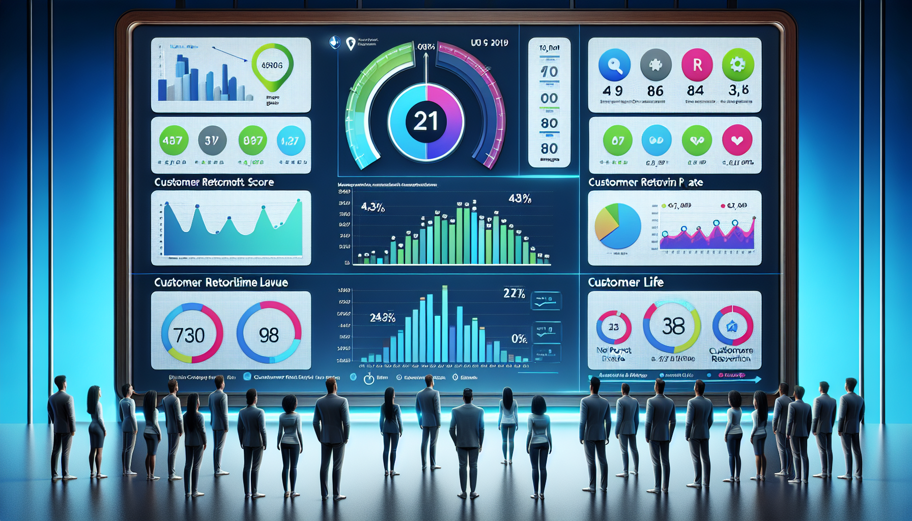 A group of people stands in front of a large screen displaying various colorful charts and graphs related to customer retention strategies, value, and metrics. The setting is modern and well-lit.