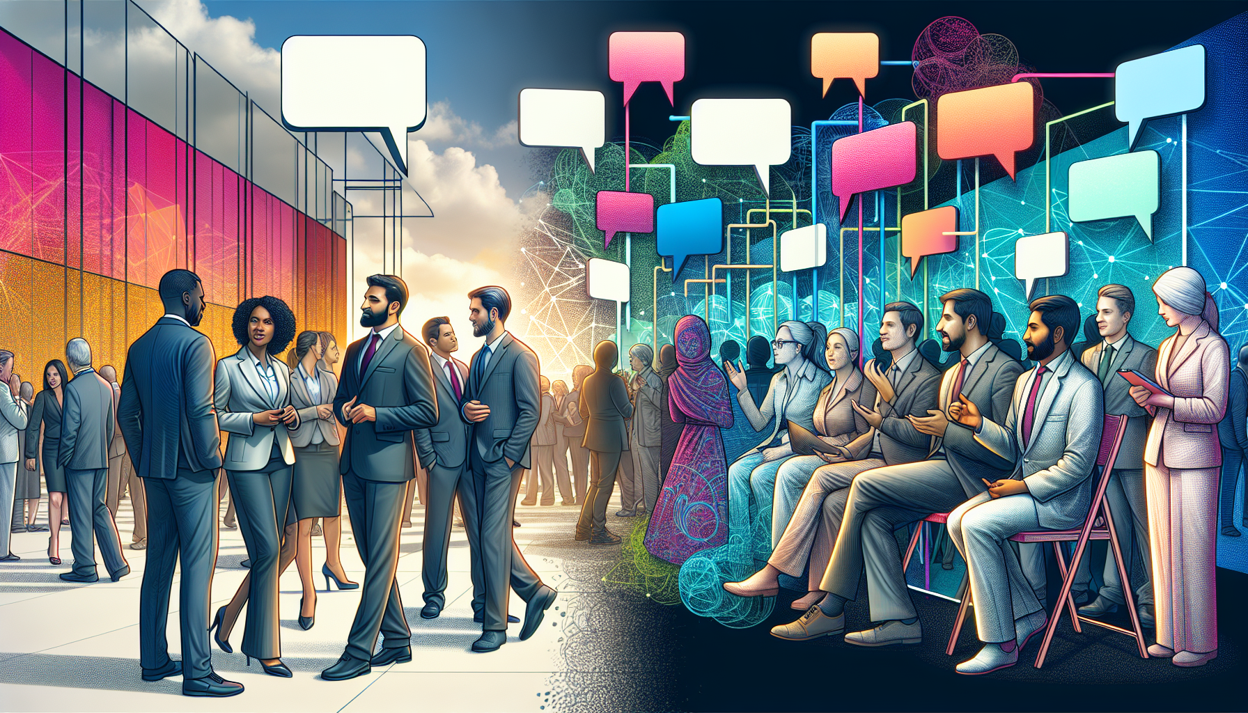 Two groups of business professionals: one networking outside in daylight, the other inside with digital communication icons above, symbolizing the blend of traditional and digital networking methods to enhance customer engagement.