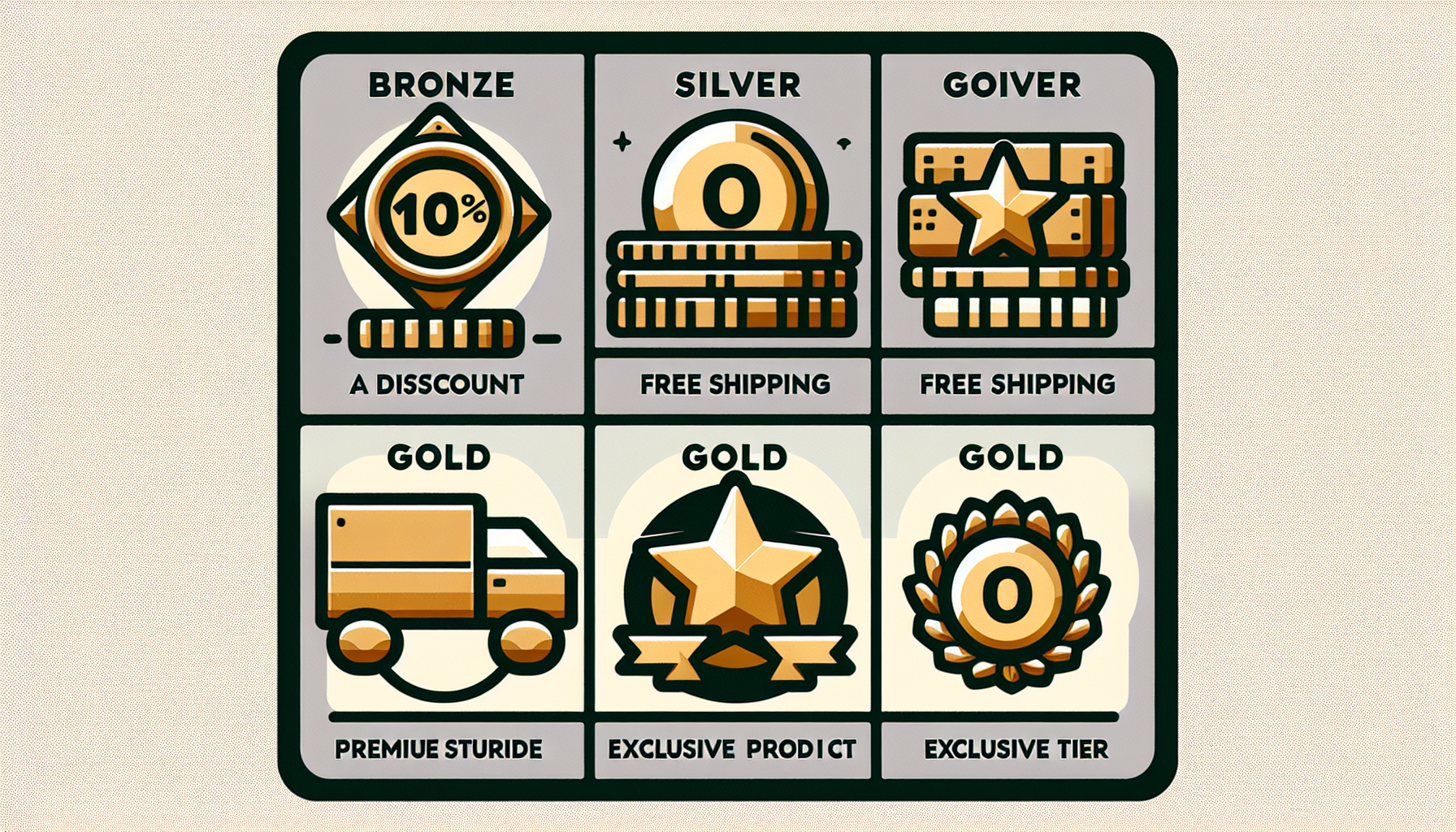 Grid showing six membership tiers with benefits: Bronze (10% discount), Silver (free shipping), Gold (premium storage, exclusive product, exclusive tier), with some misspellings noted. Explore our Loyalty Rewards to enhance your experience and reap the benefits of our Customer Loyalty system.