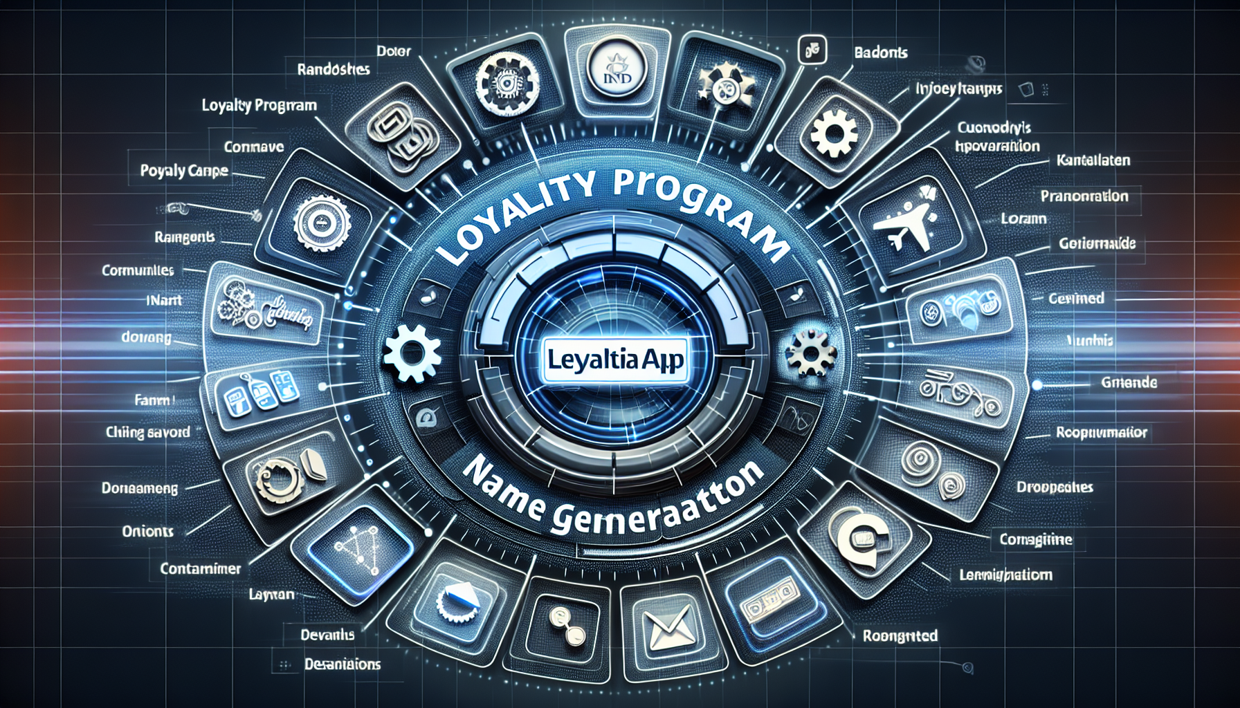 A digital interface with a central text reading "Loyalty Program" and many small icons arranged in a circular pattern around it, representing different features and aspects of loyalty programs, enhanced by an integrated loyalty program name generator for instant naming ideas.