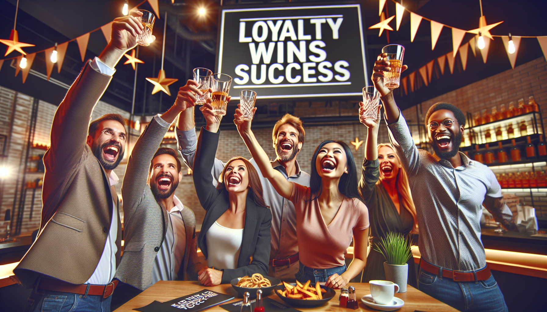 A group of diverse people in a bar cheerfully raise their glasses in a toast under a neon sign that reads "Loyalty Wins Success." The festive atmosphere, adorned with stars and streamers, celebrates the launch of their new Loyalty Rewards program.