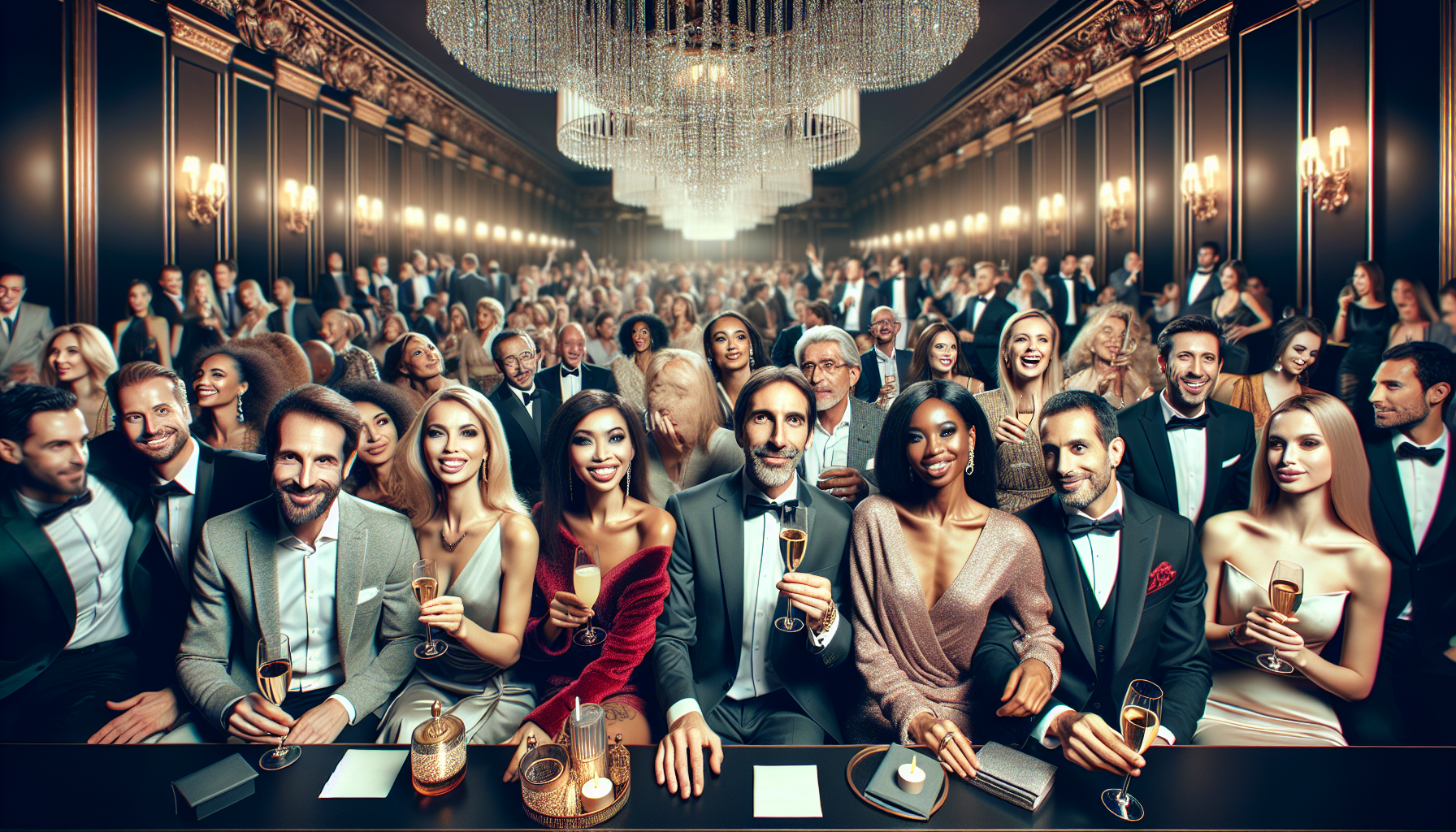 A large group of well-dressed people in formal attire at a luxurious event, enjoying drinks under grand chandeliers in an ornately decorated hall, celebrates the pinnacle of their tiered loyalty program.