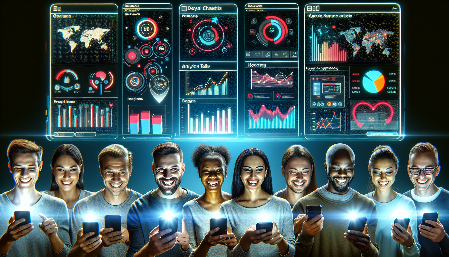 Nine people using smartphones in front of a large screen displaying various data visualizations, charts, maps, and graphs. The environment suggests a technological and data-driven setting, perfect for analyzing metrics and optimizing digital strategies.