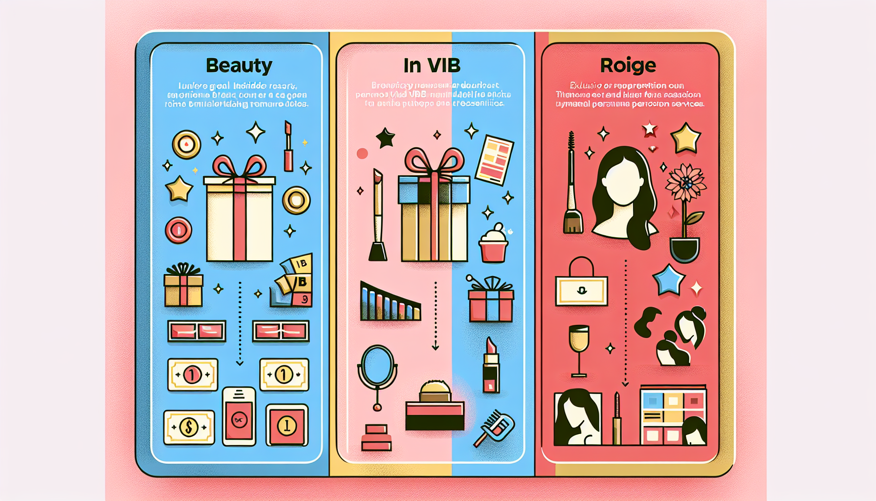 Illustration showing three columns titled 'Beauty,' 'In VIB,' and 'Roige,' with stylized icons representing beauty products, gifts, and accessories against colorful backgrounds, highlighting the Sephora rewards program and Beauty Insider membership benefits.