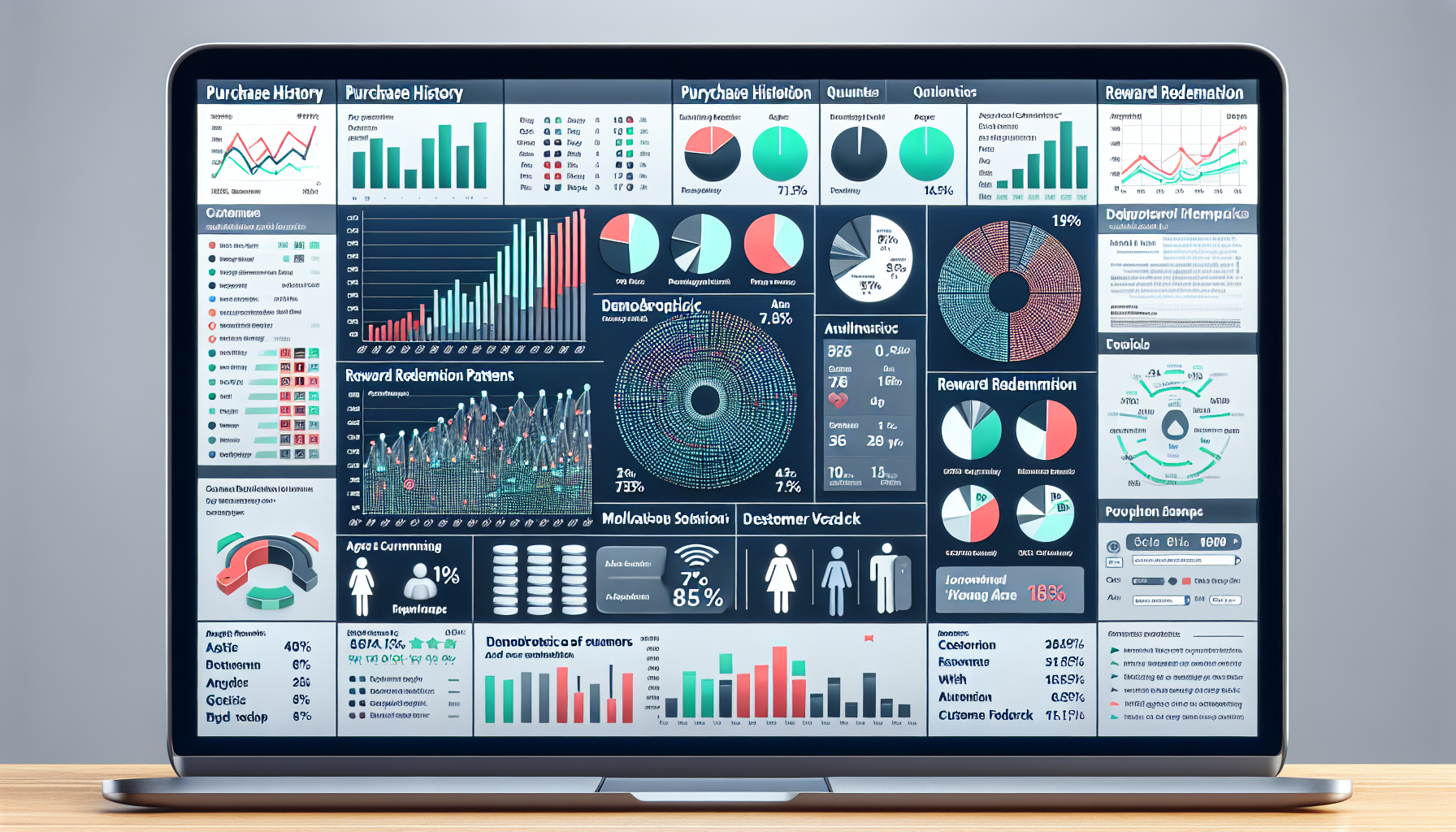 A laptop displays a dense dashboard with various charts, graphs, and data visualizations, including bar graphs, pie charts, and line graphs, highlighting the benefits of a loyalty program.