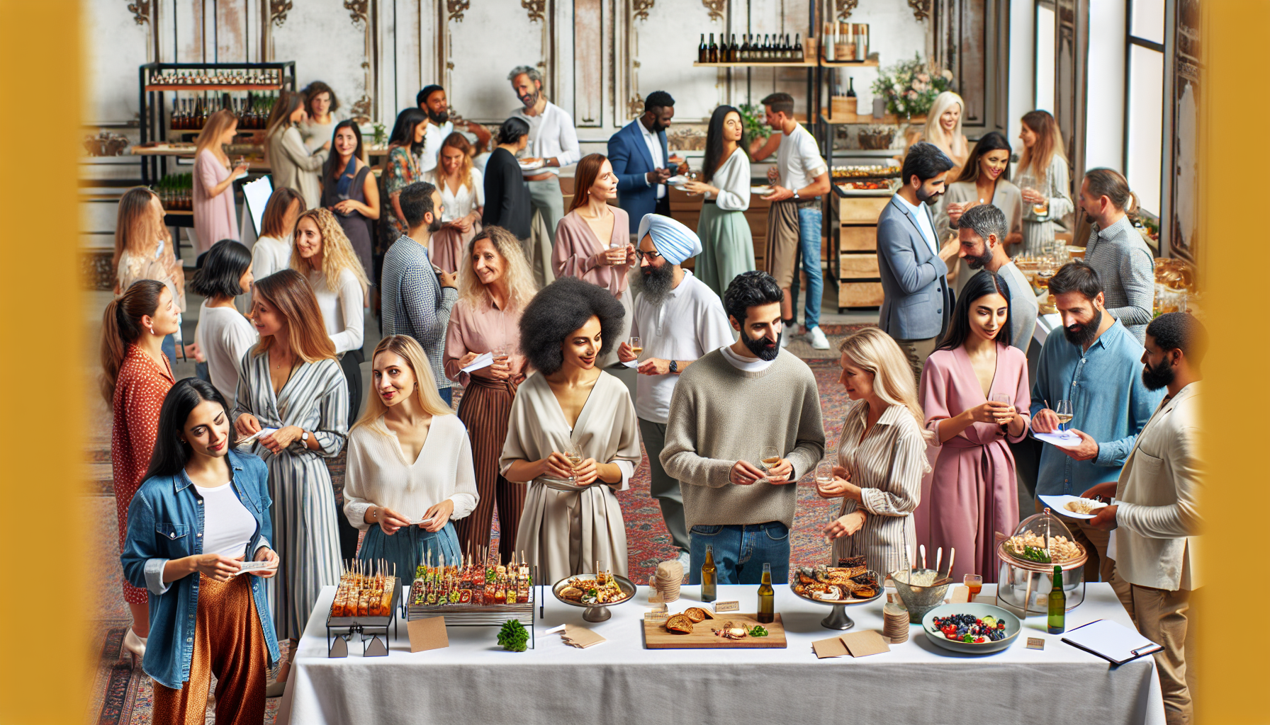 A large group of people socializing and enjoying various foods at a buffet-style gathering in a spacious, well-lit room with tables of appetizers and beverages, showcasing a perfect example of customer retention strategies through community engagement.