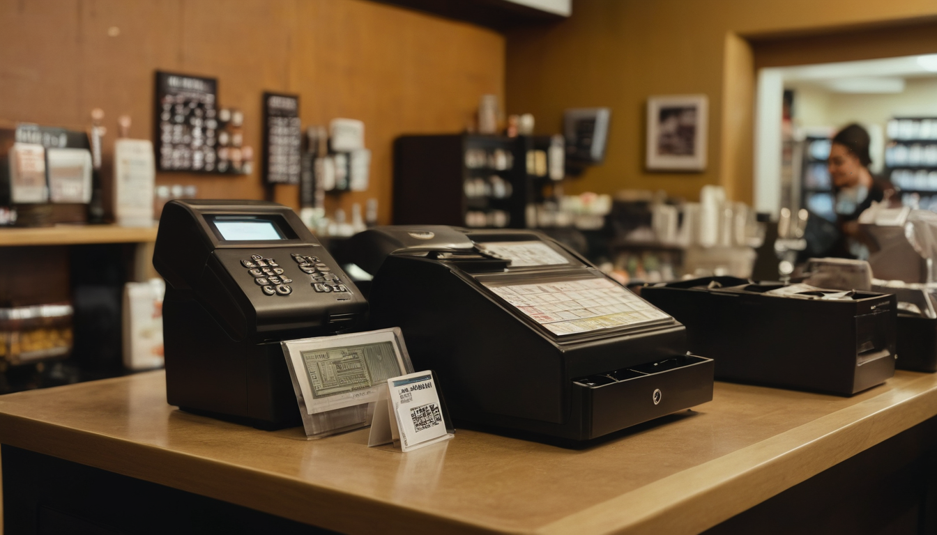 Close-up of cash registers on a counter inside a hair salon, with an employee in the background.