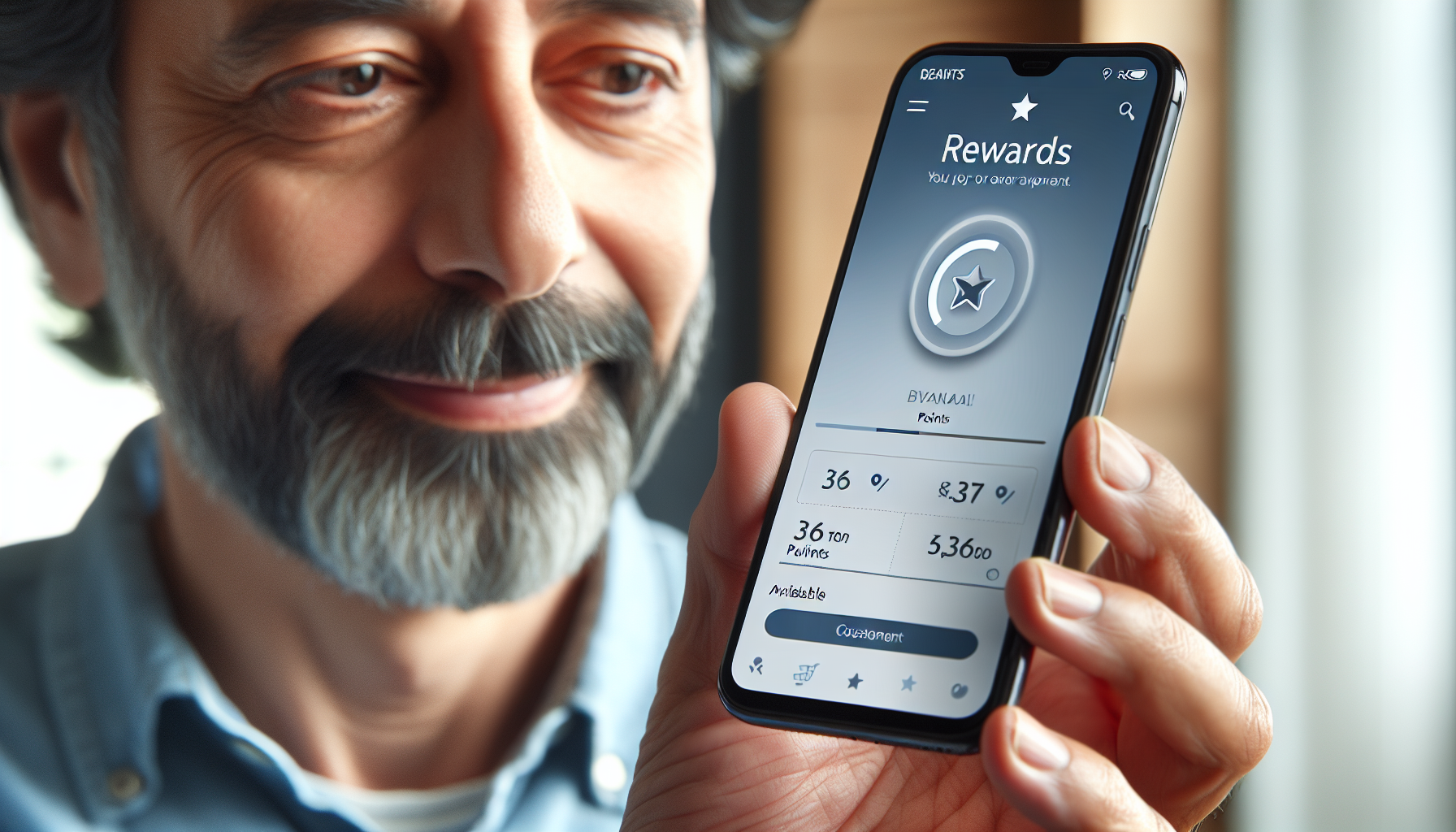 Man holding a smartphone displaying a rewards app interface with points available for redemption, showcasing features.