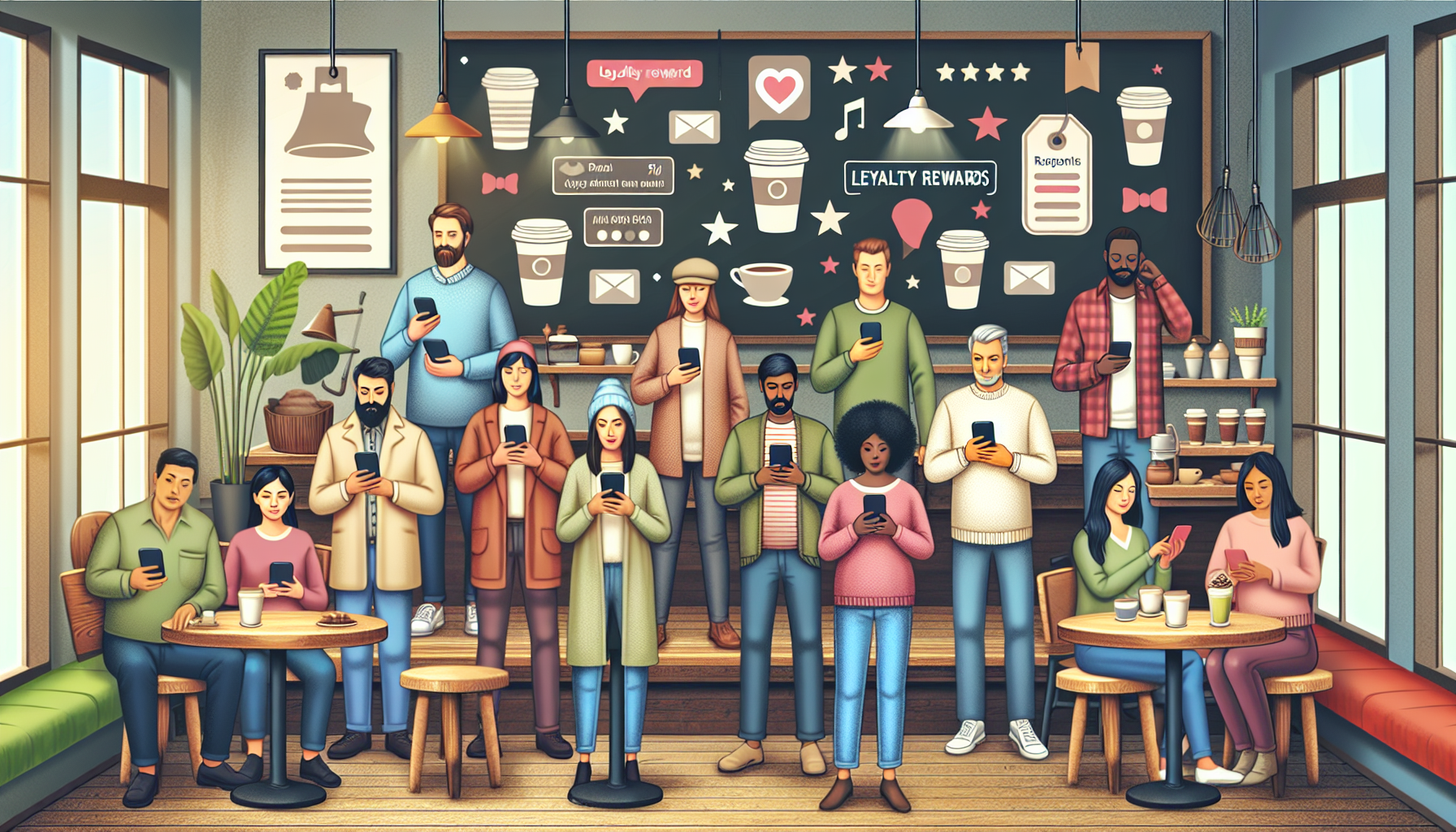 In a bustling coffee shop, a diverse group of people engages with their smartphones. A loyalty rewards chart is prominently displayed on the wall behind them, highlighting customer engagement. Some patrons sit at tables sipping drinks, while others stand, immersed in their personalized experiences.