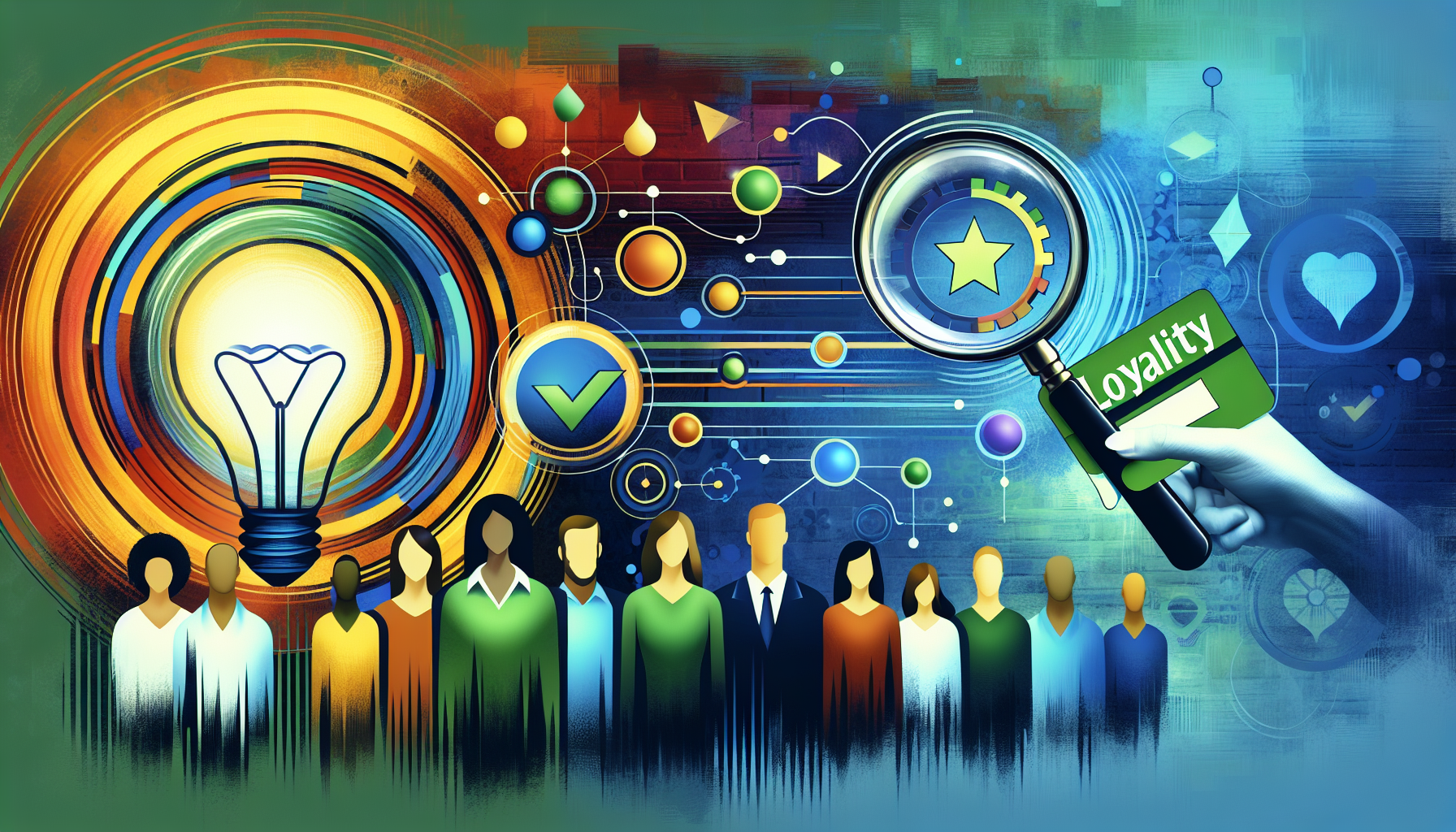 Illustration of diverse people with a large light bulb, magnifying glass, and loyalty card. Symbols convey ideas, innovation, and customer loyalty. Colorful abstract background with various icons representing Loyalty Program Names Ideas and Customer reward program names.