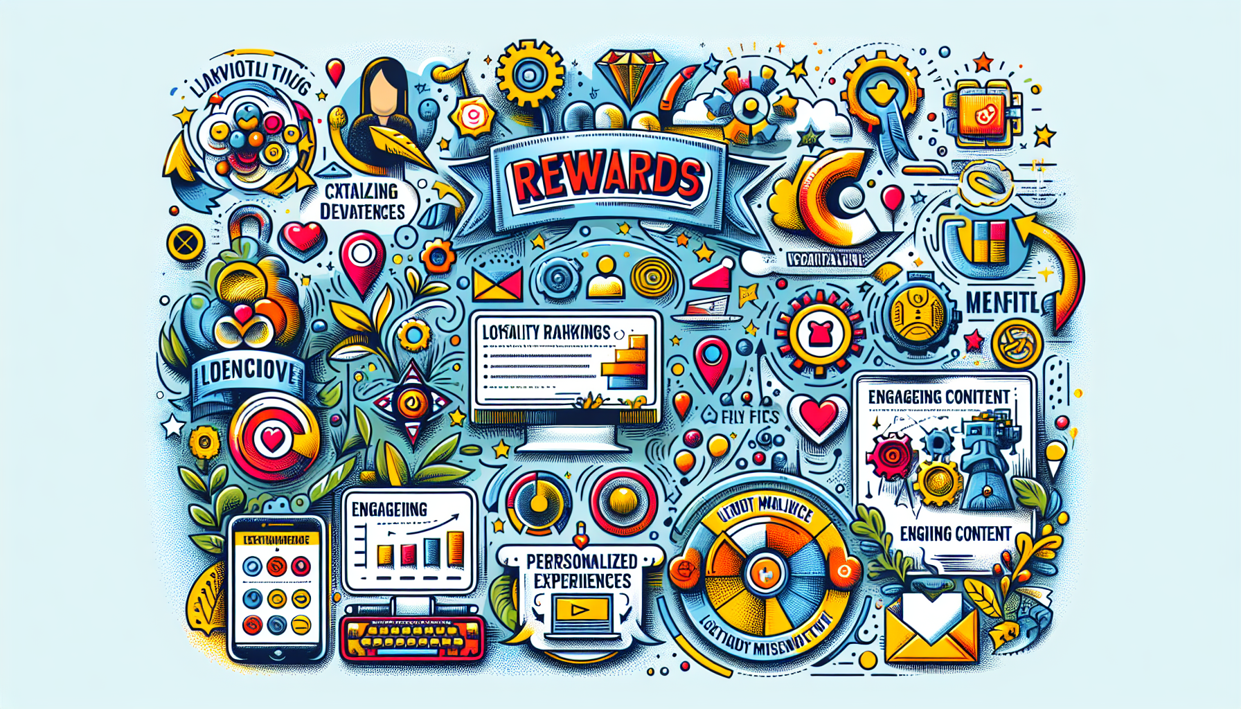 Colorful infographic illustrating various elements of a rewards and loyalty program, including graphs, charts, icons, and keywords such as "engaging content," "personalized experiences," "rewards," and the "loyalty program benefits.