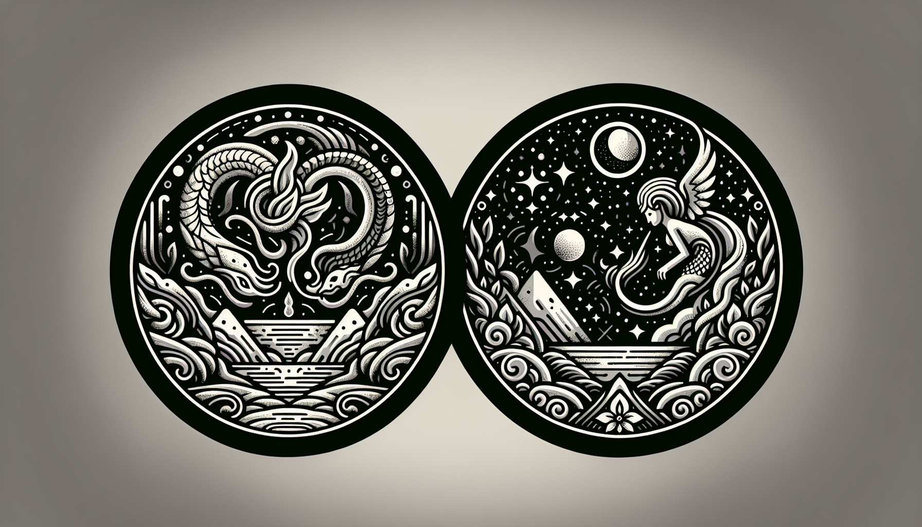 Monochrome circular illustrations with intricate designs: one side depicts a dragon above mountains; the other shows a celestial being with orbs and stars above a mountainous landscape. Perfect for those seeking unique art, much like how an auto lease purchase offers tailored options for every driver.
