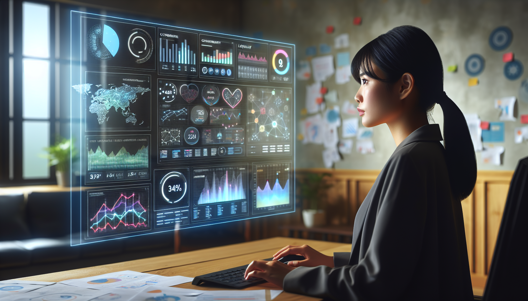 In an office setting, a person utilizes Customer Analytics on a large, futuristic digital screen, delving into data through graphs, charts, and maps.