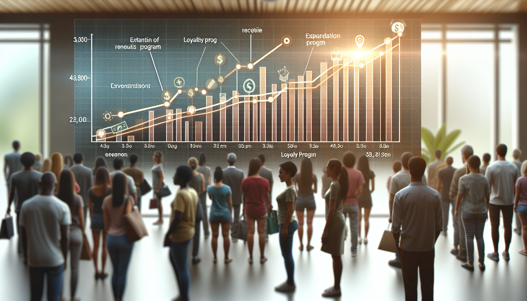 A diverse group of people stands in front of a large presentation screen displaying a financial growth chart, highlighting key milestones and data points achieved through the use of advanced customer retention software.