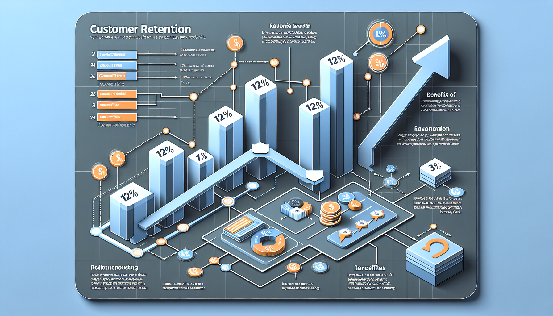 A detailed infographic on customer retention, illustrating various strategies, benefits, and growth statistics with 3D bar graphs, icons, and flowcharts against a light blue background includes customer loyalty program examples to boost engagement.