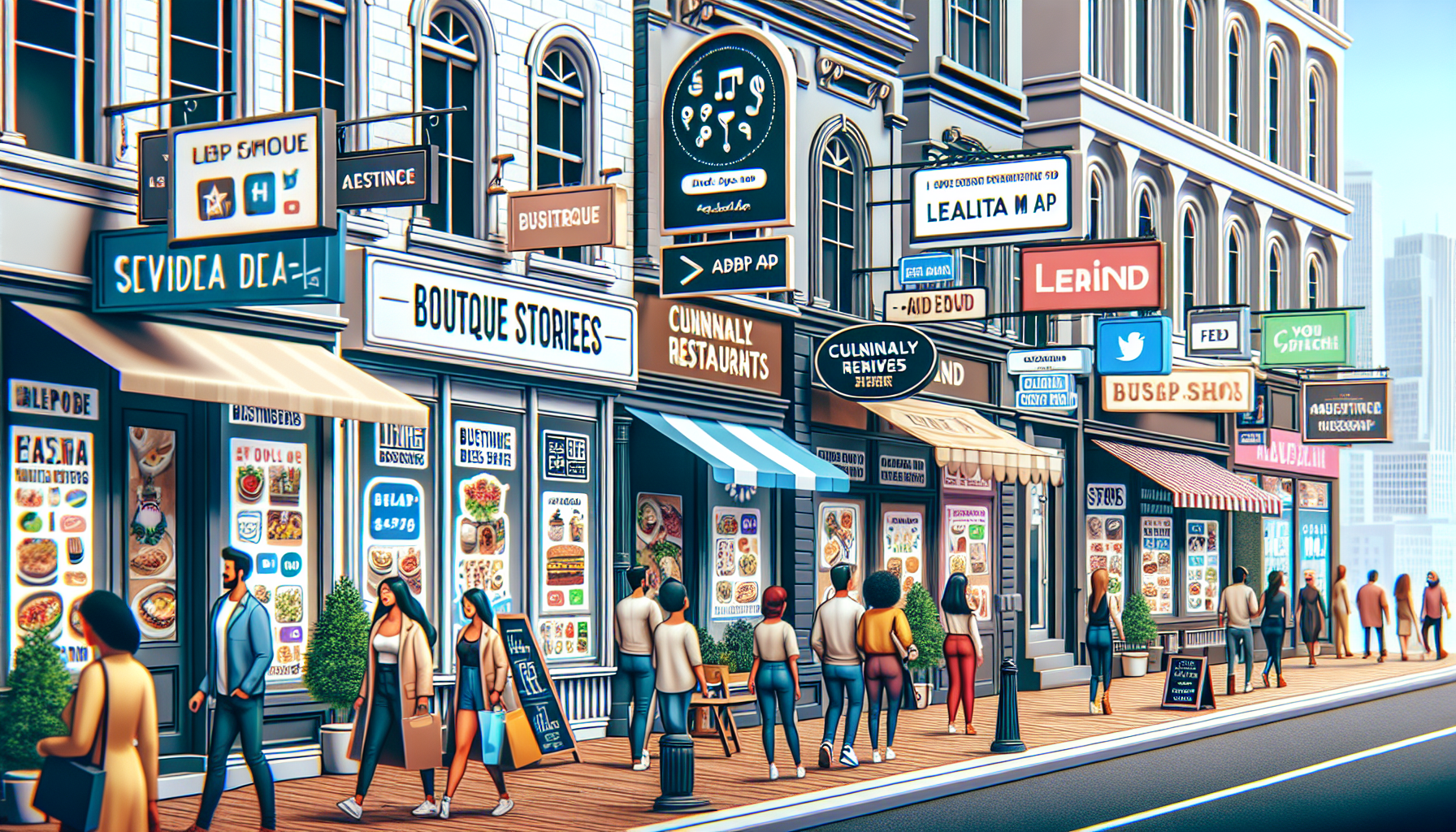 Street view of a bustling city lined with shops and restaurants, featuring various vibrant signs. People are walking and shopping along the sidewalk, some checking in on their digital loyalty programs as they explore the area's offerings.