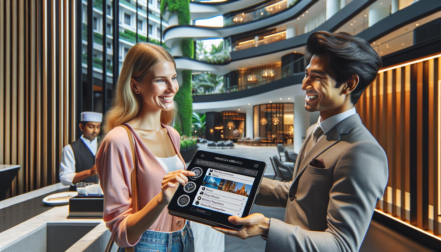 A woman and a man smiling, holding a tablet displaying hotel amenities and their loyalty rewards system, inside a modern hotel lobby. A staff member is in the background.