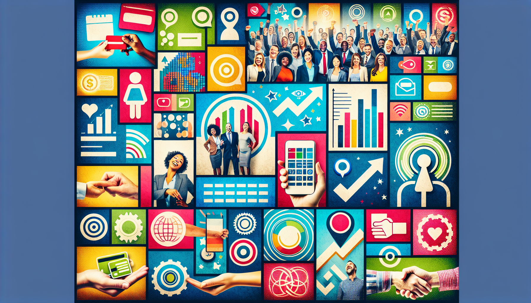 A colorful collage features business icons such as graphs, charts, gears, and various people, symbolizing teamwork, communication, and technology in a professional environment—highlighting the impact of Customer Engagement Tools.