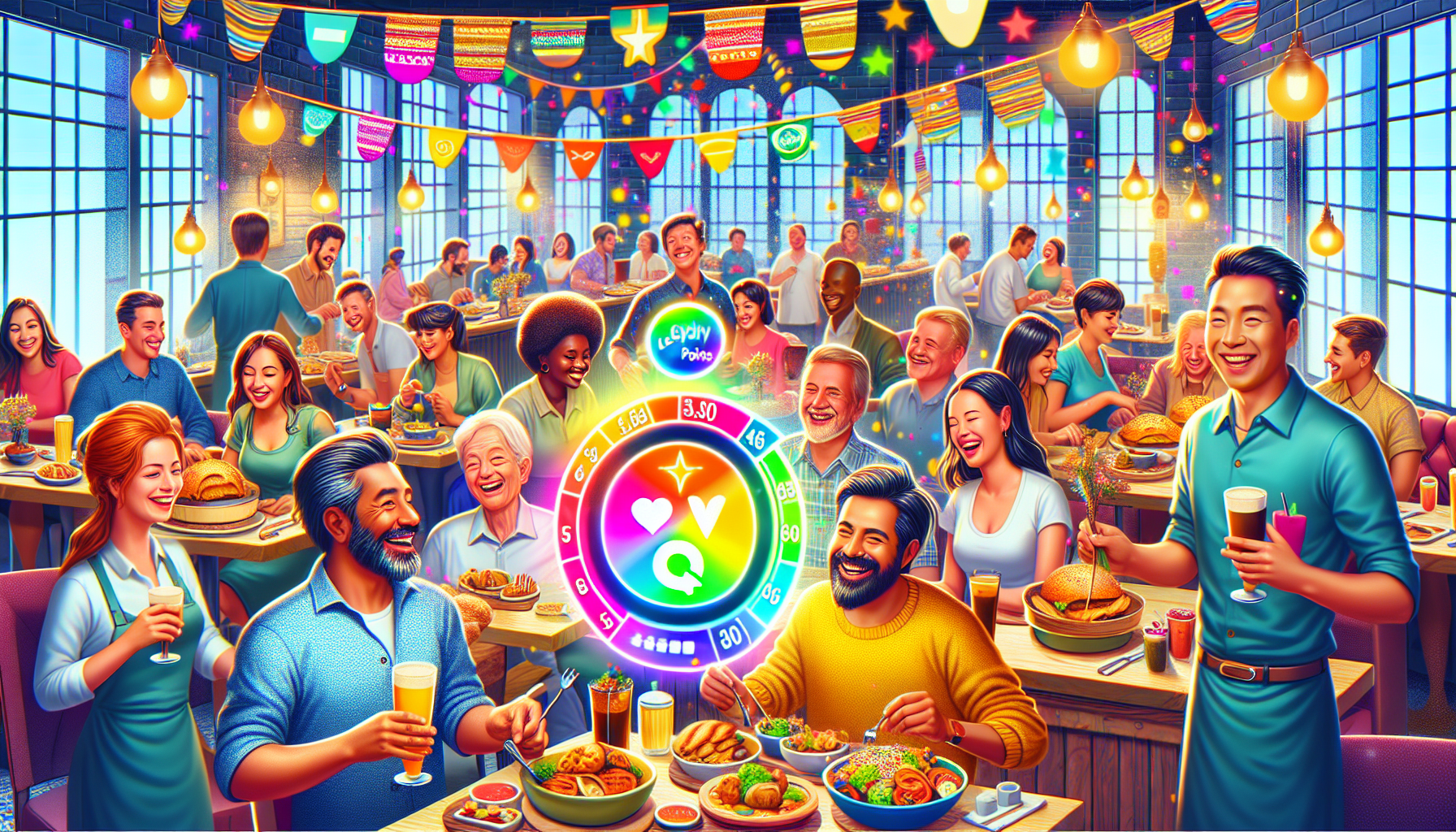 A vibrant, crowded dining hall with diverse people enjoying a meal. Various dishes and drinks are on the tables. A colorful game leaderboard is displayed prominently in the foreground, highlighting the restaurant's dining rewards program.