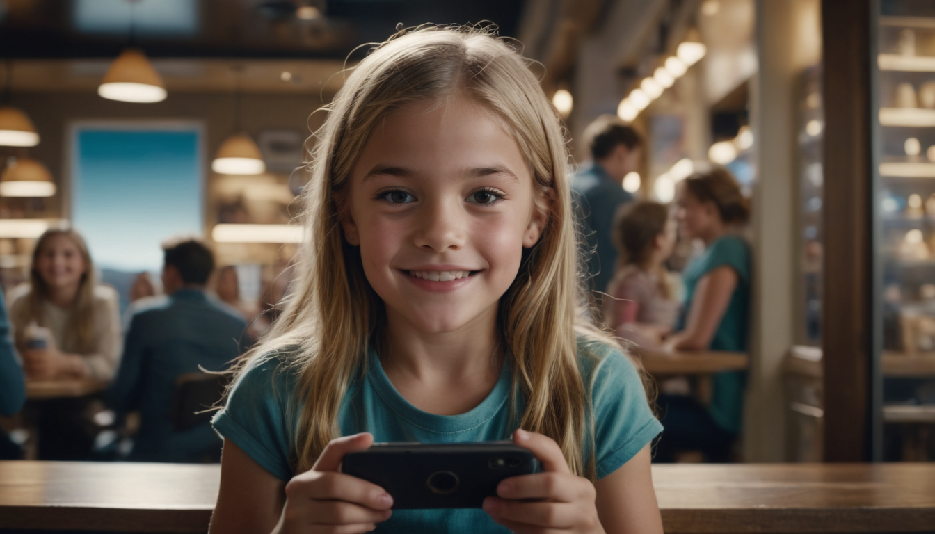 A young girl with blonde hair, smiling, holds a smartphone in a busy restaurant setting, exploring digital loyalty program ideas for small businesses.