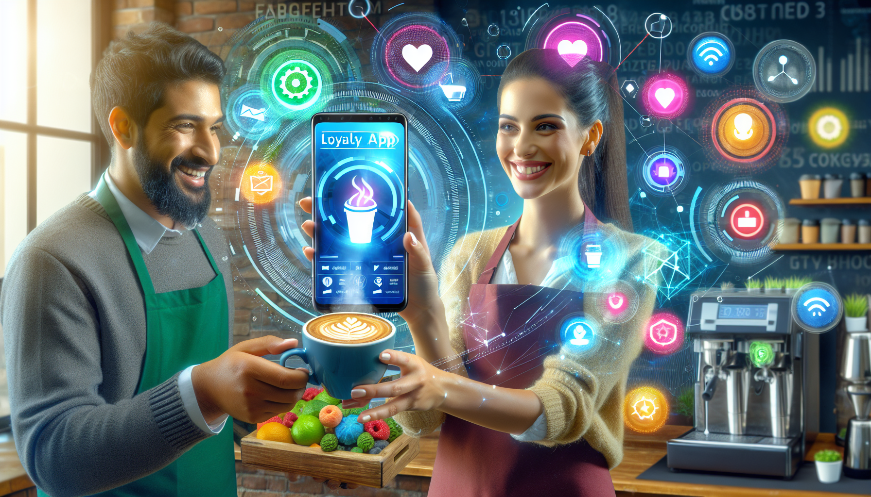 Two baristas in a coffee shop showcase a smartphone loyalty app, part of an innovative digital loyalty marketing platform. A male barista holds a coffee cup, while his female counterpart displays the app. Digital icons surround them, highlighting the app's features for enhanced customer retention.