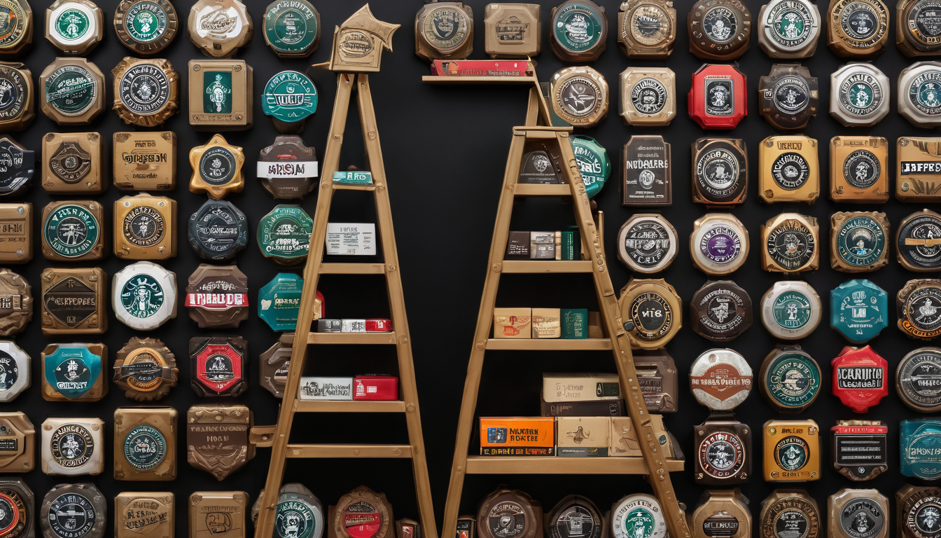 A wall with various vintage coasters is displayed, with two wooden ladders leaning against it. Some small packages are placed on the ladders, showcasing a charming example of customer engagement incentives in a cozy setting.