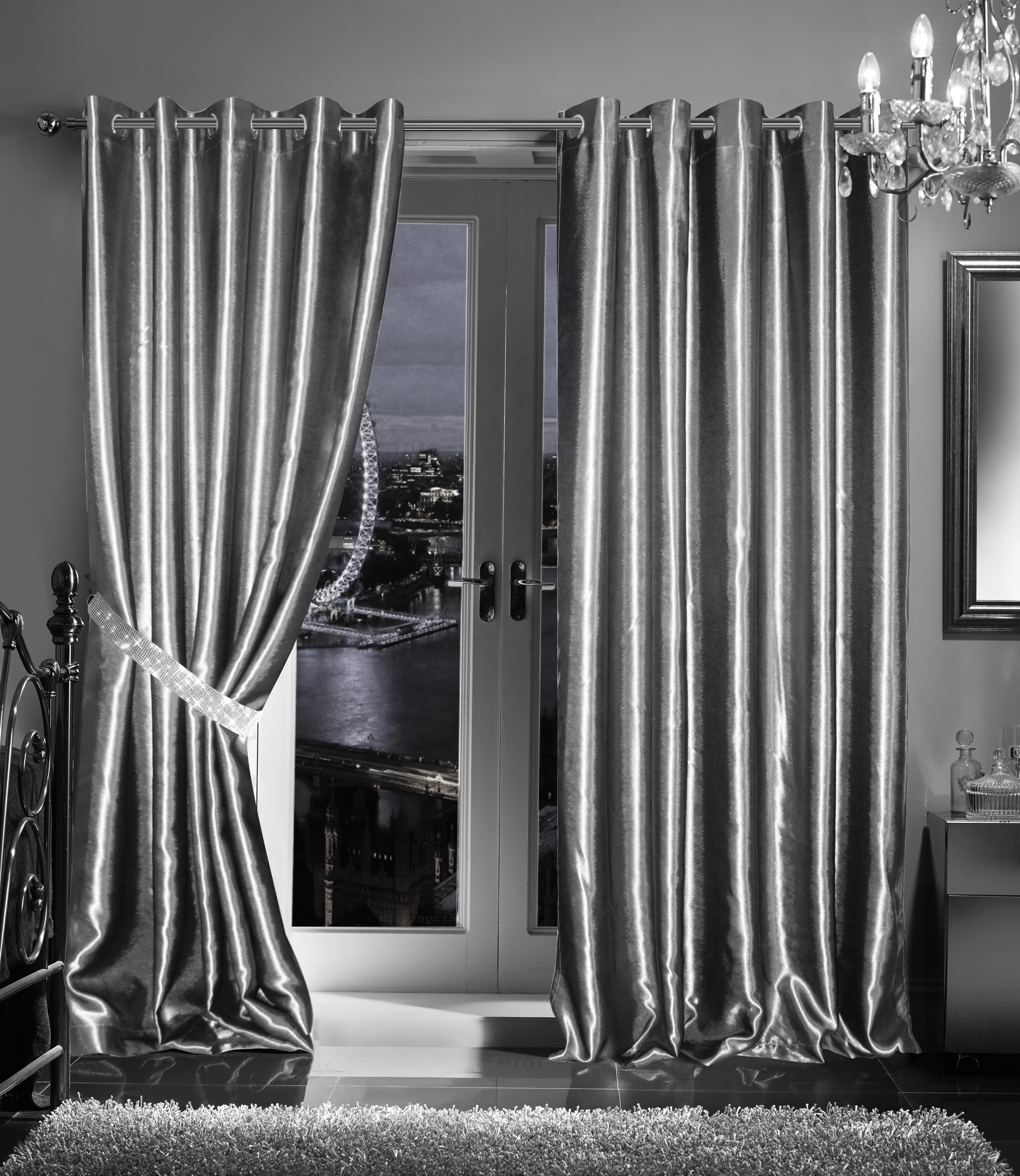 Diamante Curtains Pair Of Lined Faux Silk Ready Made Eyelet - Black Silver White | UK