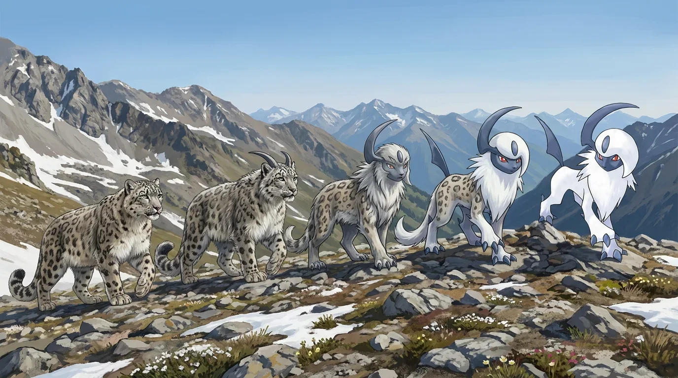 A adult snow leopard turning into Absol