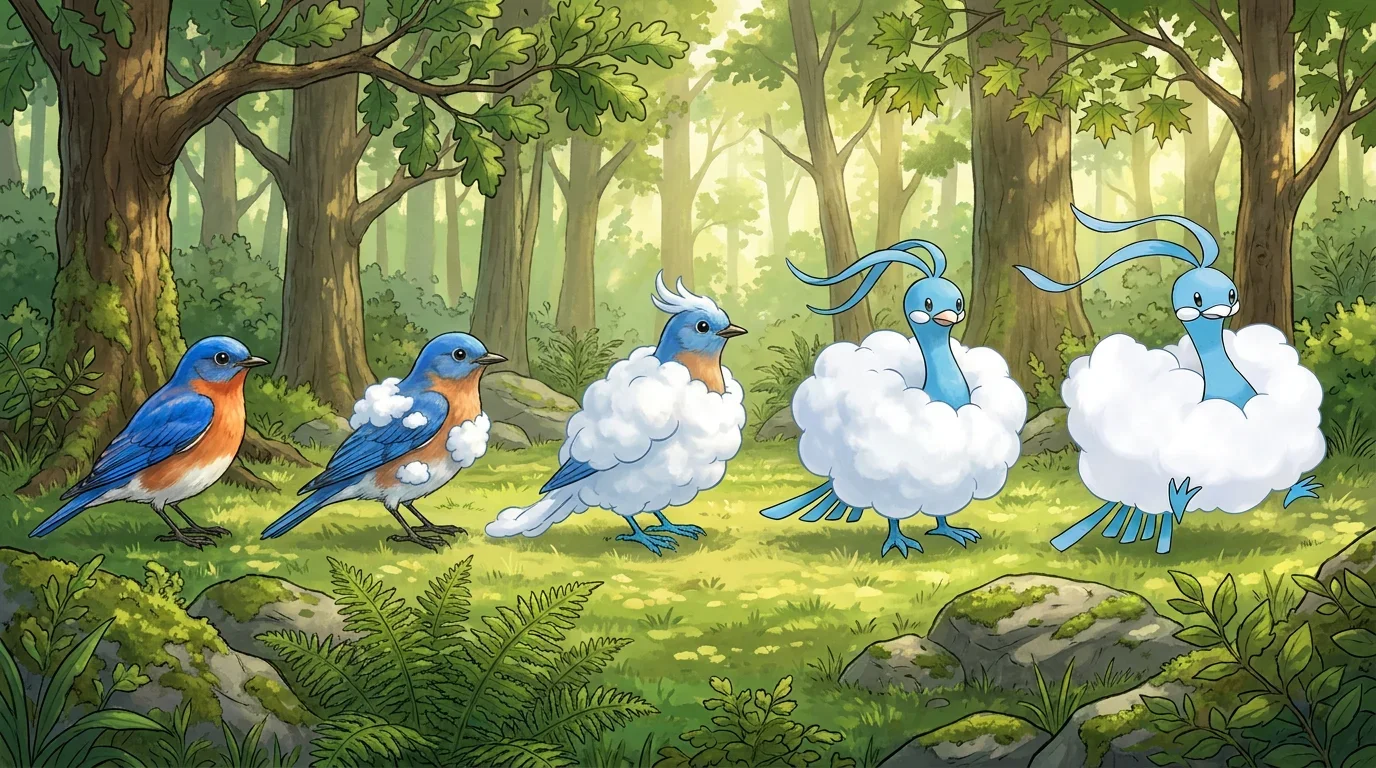 A eastern bluebird turning into Altaria