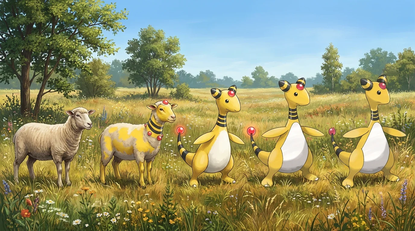 A shorn domestic sheep turning into Ampharos