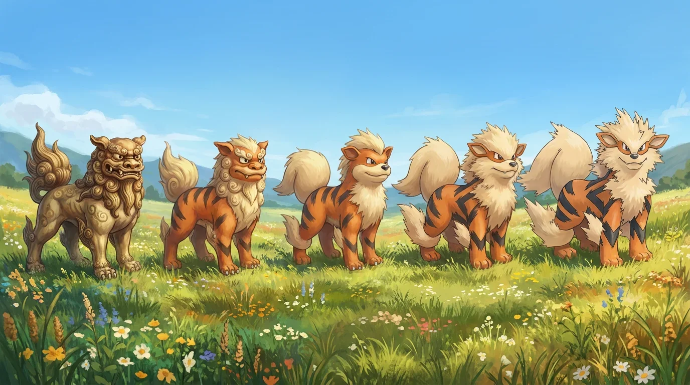 A shisa lion dog turning into Arcanine