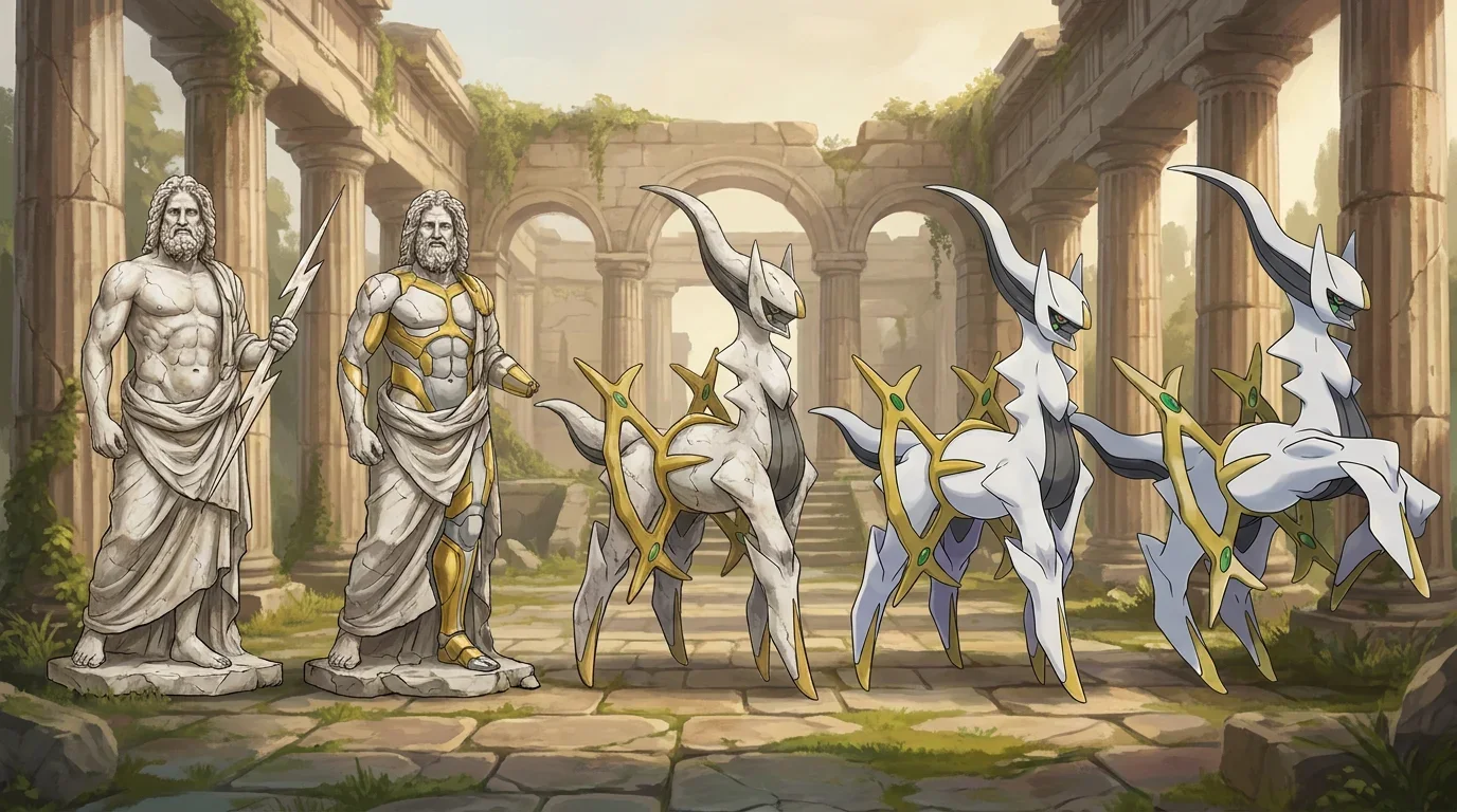 A marble statue of zeus turning into Arceus