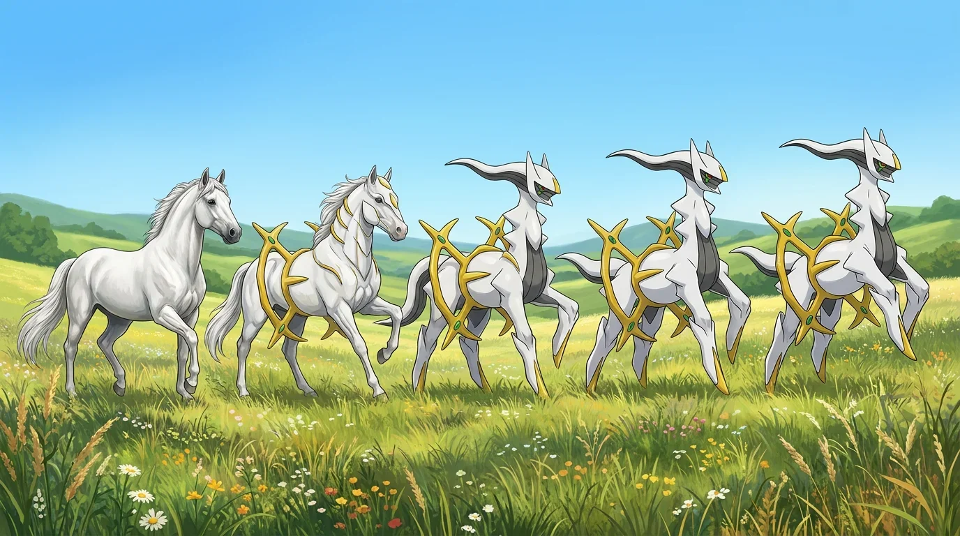 A white lipizzaner horse turning into Arceus