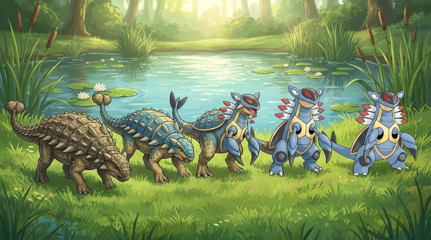 A adult ankylosaurus turning into Armaldo