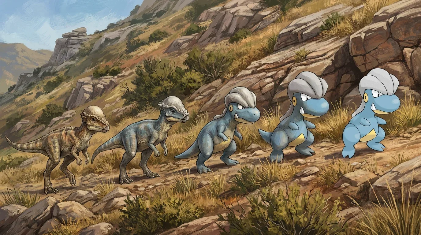 A young pachycephalosaurus turning into Bagon