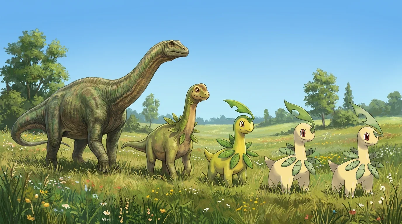 A adult apatosaurus turning into Bayleef
