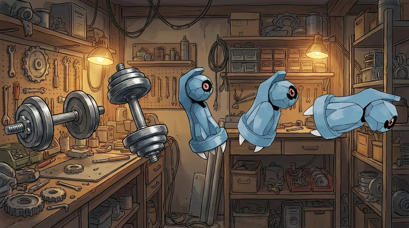 A steel dumbbell turning into Beldum
