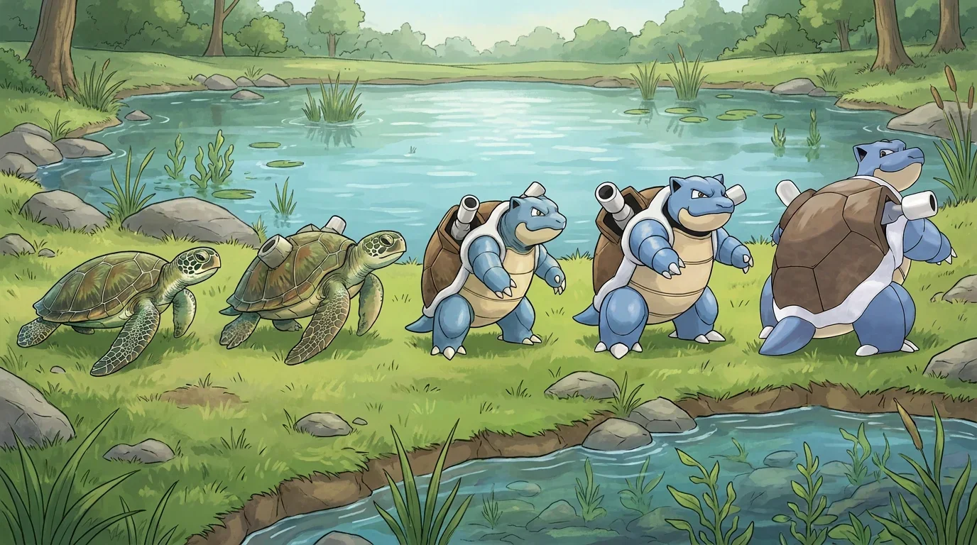 A green sea turtle turning into Blastoise