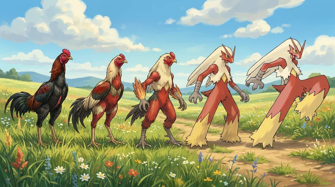 A shamo chicken turning into Blaziken